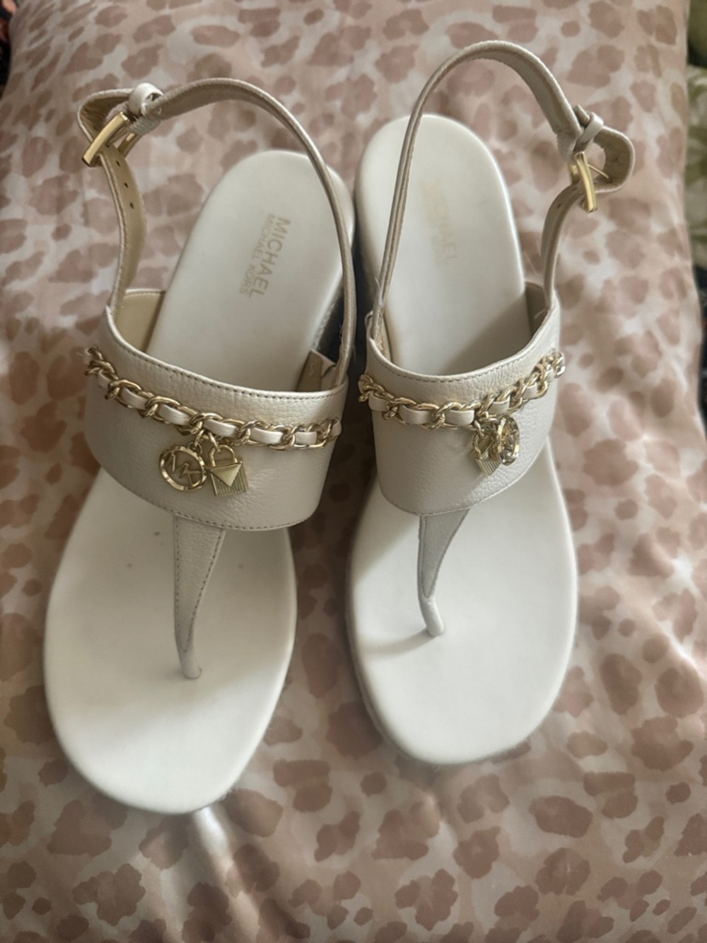 Michael Kors Cream Thong Sandals with Gold Chain and Charm